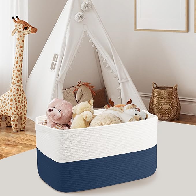Extra Large Rope Basket, 22" x 17" x 12" Woven Stuffed Animals Storage Bin, Kids Dog Stuff Toy Box Organizer, Living Room Nursery Organization, Big Basket Container for Blankets Clothes