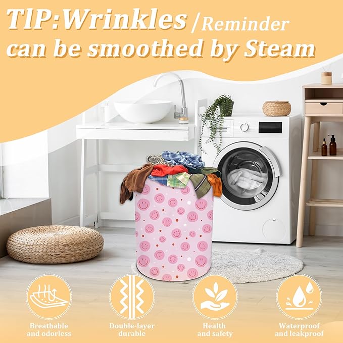 Pink Laundry Basket, Boho Laundry Hamper Foldable Waterproof Oxford Cloth Funny Tote Bag Dirty Clothes Storage Bucket Toy Organizer for Bathroom/Laundry/Bedroom 15.7"x 19.6"