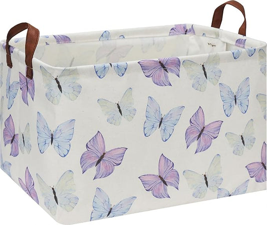Rectangle Storage Basket with Handles, Collapsible Toys Bin, Books Box,Gift Basket(Blue & Purple Butterfly)