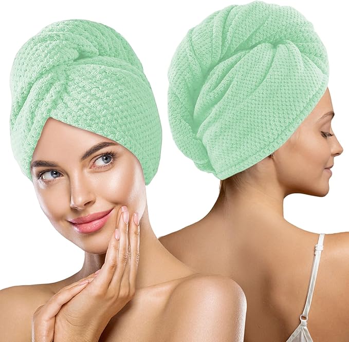 2 Pack Microfiber Hair Towel Wrap for Women, Super Absorbent Quick Dry Hair Turban for All Hair Style, Large Hair Drying Towel with Button, Green