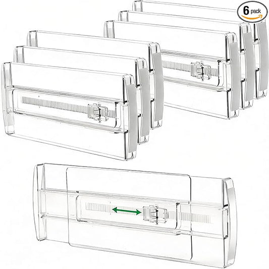 6 Pack Adjustable Drawer Dividers - 4" High Clear Expandable Dresser Organizers 10"-17" Length, Transparent Drawer Separators for Clothes, Underwear, Cosmetics & Kitchen Utensils Storage