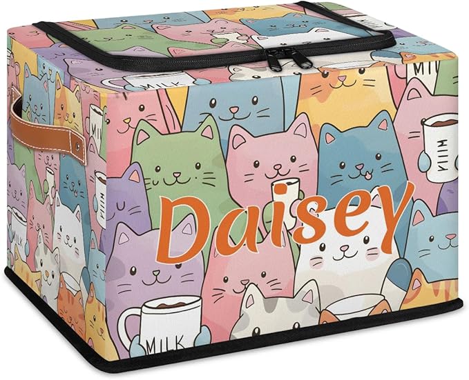 Custom Cute Cats Storage-Bin With Zipper Lid for Kids-Girls-Boys-Baby-Pet,Personalized Name Foldable Storage Box with Handle,Baby Basket With Label for Bedroom Nursery Toy Clothes,Multi
