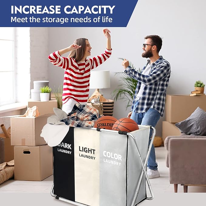 Laundry Cloth Hamper Sorter Basket Bin Foldable 3 Sections with stainless steel Frame Washing Storage Dirty Clothes Bag for Bathroom Bedroom Home Storage Basket(3 Liner, White+grey+black)
