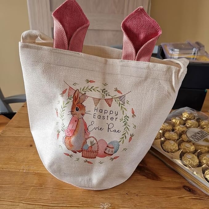 Personalized Canvas Bunny Ear Basket with Custom Name | Easter Gift for Kids | Easter Basket Stuffer (Blue)