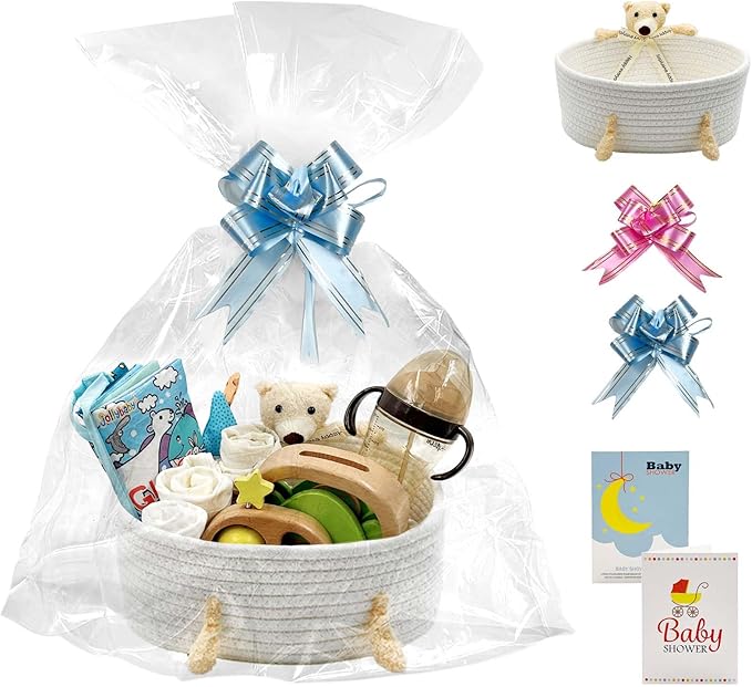 Daily Treasures Bear Empty Woven Basket -Hamper Baskets with Cellophane Bag,Pull Bows & Cards,Cute Cotton Rope Storage Organizer,Birthday Presents,(30x21CM,White Cotton Rope)
