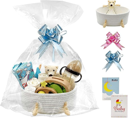 Daily Treasures Bear Empty Woven Basket -Hamper Baskets with Cellophane Bag,Pull Bows & Cards,Cute Cotton Rope Storage Organizer,Birthday Presents,(30x21CM,White Cotton Rope)