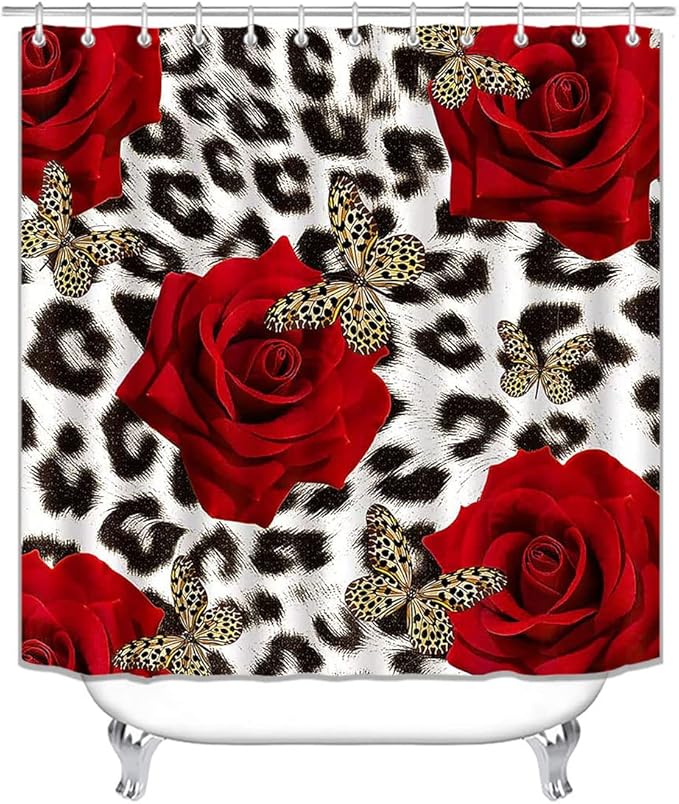 4PCS/Set Black and White Leopard Print Shower curtain Romantic Red Rose Safari Animal Skin Fur Valentine's Day Fashion Bathroom Decor Non-slip Bath Rug Cheetah Print Gifts for Women, Butterfly