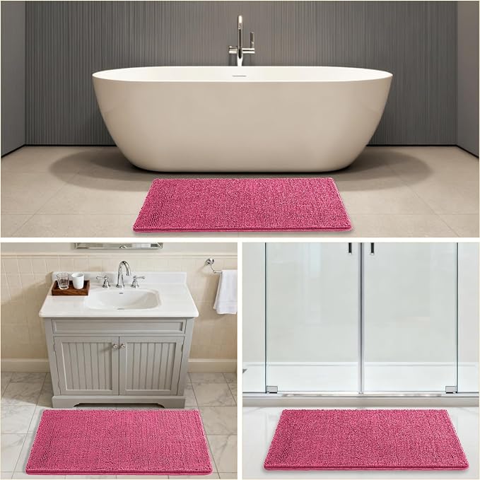 Hot Pink Bathroom Rugs 26"x44" - Thick Plush Chenille Non-Slip Bath Mat - Absorbent, Washable, Soft Decor for Sink, Shower, Tub, Kitchen, Vanity, Home Accessories
