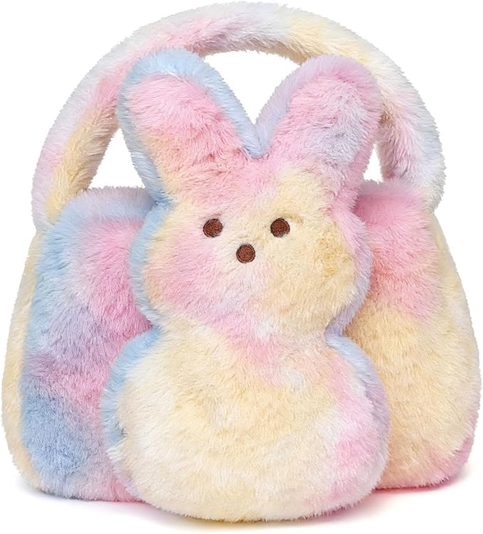 Easter Bunny Basket for Kids, Cute Bunny Plush Tote Bucket for Boys Girls, Fluffy Easter Egg Hunt Bag Soft Fabric Tote Bags for Candy Gifts Storage (Multicolor)