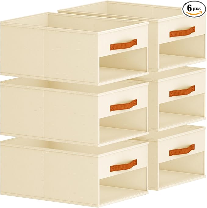 Closet Organizers and Storage - 6 Pack Storage Bins Baskets for Organization Foldable Closet Organizer with Clear Window & Handles for Clothes, Toys, Towels, Small Essentials (Beige)