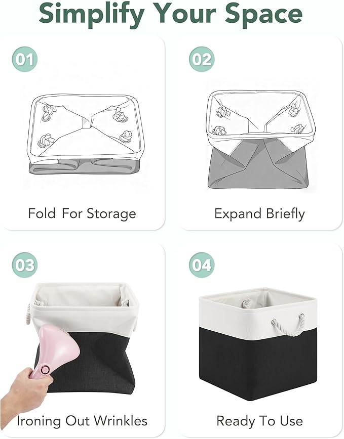 12x12 Storage Cube Bins, 6 Pack Reinforced Bottom Cardboard Foldable Box, Organizer for Closet Shelves, Heavy Home Storage Baskets (White Black)