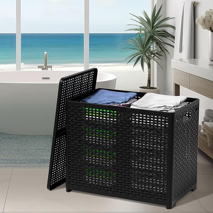 Asking 80L Collapsible 2 Section Divided Clothe Hamper, Plastic Folding Laundry Basket, Black, F