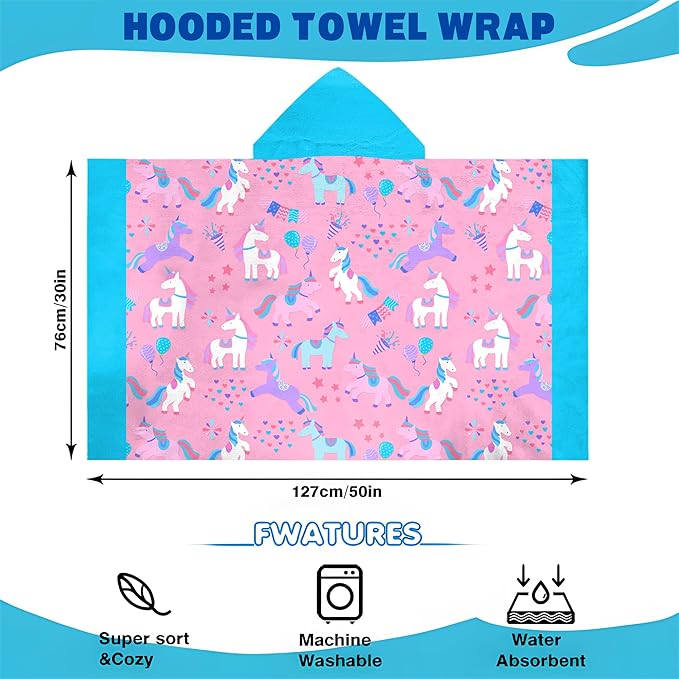 Hooded Towels for Kids -Toddler Beach Towel- Super Absorbent & Quick Dry 100% Cotton 30x50 Inch - to Kid Ages 3-10-Sky Blue Unicorn Pattern Design