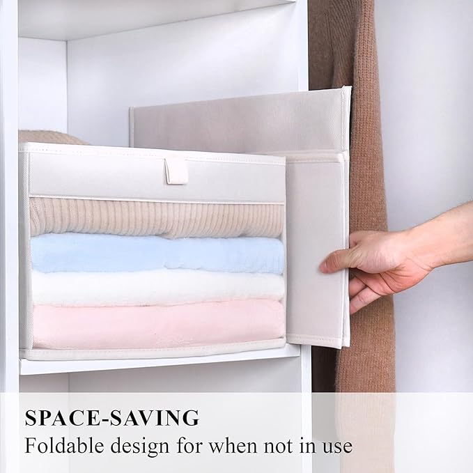 WUIKE 6-Pack Storage Bins with Window, Foldable Storage Baskets for Clothes, Purse, Blanket, Beige, Large