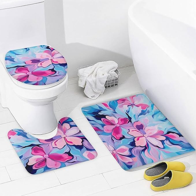 4 Piece Shower Curtain Sets Colorful Modern Floral Abstract Art Pink Blue with Non-Slip Rugs Toilet Lid Cover and Bath Mat Bathroom Decor Set Modern Abstract Art Painting 12 Hooks for Bathroom Decor
