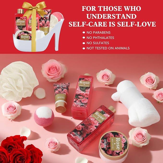 Spa Luxetique Gifts for Women High Heel Gift Set for Women 8pcs Bath Sets Romantic Rose Home Spa Kits for Wife Girlfriend Mom Grandma Valentines Day Gifts for Her