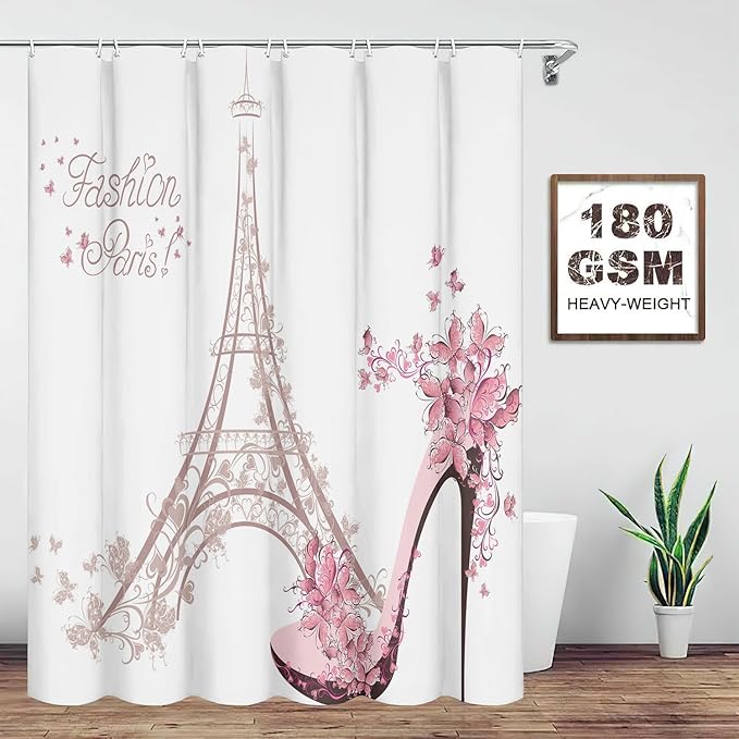 4PCS Paris Eiffel Tower Decor Bathroom Mat Rug Set Shower Curtain Set, High Heeled Shoes and Pink Flower in Paris Pattern Girl Woman Bath Mat + Contour Mat+Toilet Cover+Shower Curtain