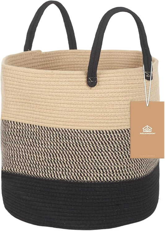 ShellKingdom Laundry Basket, Large Natural Rope Woven Storage Basket with Handles for Home, Living Room, Laundry, Storage Organizer for Blankets, Clothes, Toys, 19.7 x 14.9 INCH (3-Toned Khaki Black)