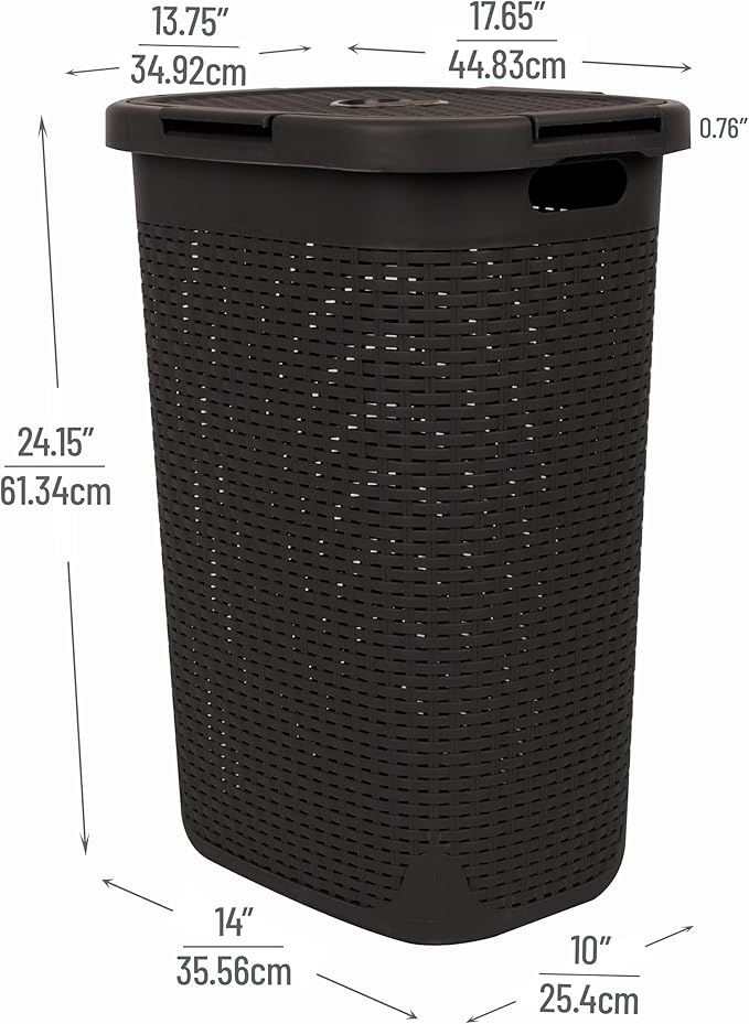 Mind Reader Slim Laundry Hamper with Lid, 60L Clothes Baskets, Premium Wicker Design, Plastic, 2-Pack, Brown