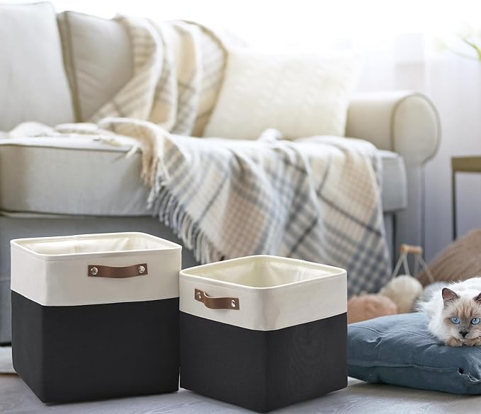 4-Pack Foldable Fabric Storage Cubes 11x11 Inch, Sturdy Cube Organizer Bins with Leather Handles, Storage Baskets for Closet Shelves and Home Organization(White/Black)