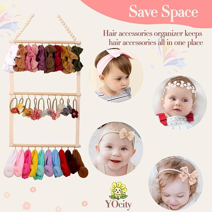 YOcity Headband Holder Organizer for Girls' Hair Accessories - Bow, Clip, Tie, Headband Storage Hanging Decor for Nursery Toddler Girls' Room (Beige)