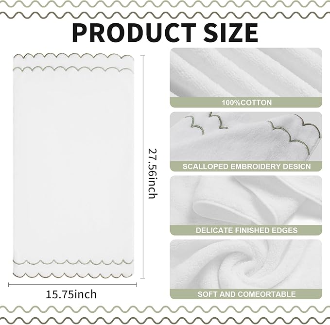 100% Cotton Hand Towels for Bathroom 2 Pcs Scalloped Hand Towels 16 * 27 Inch Embroidered Decorative 600 GSM Soft Absorbent Bath Towel for Spa Yoga Hotel Sport (Sage Green)