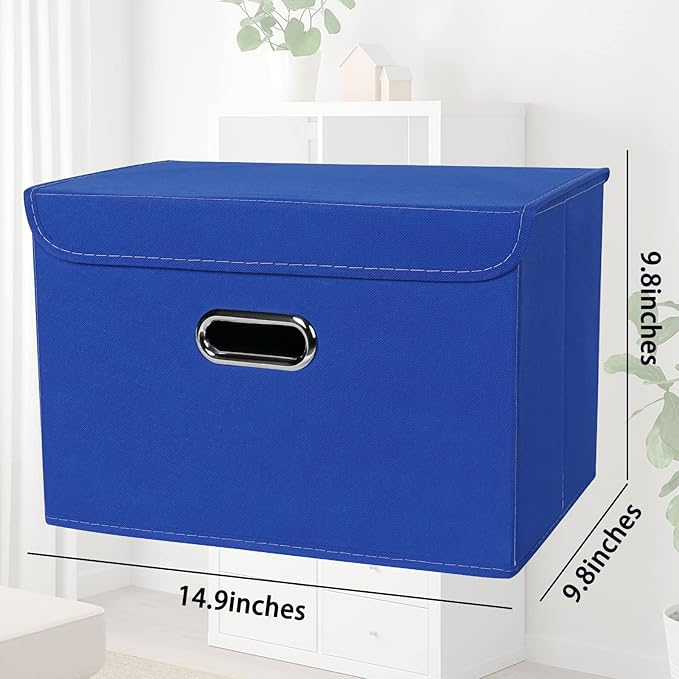 STOREONE Fabric Storage Cube Bins Foldable Organizer Container Collapsible Basket with Lids and Metal Handles, for Home, Bedroom, Closet 3 Pcs (Dark Blue)