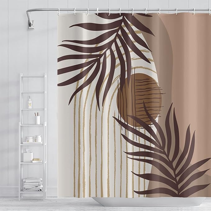 Abstract Mid Century Boho Bathroom Shower Curtain - Eucalyptus Leaves Brown and Beige Sun Shower Curtain with Hooks - Waterproof Polyester Fabric - 72x78 Inch
