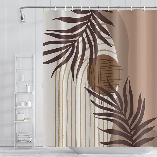 Abstract Mid Century Boho Bathroom Shower Curtain Eucalyptus Leaves Brown and Beige Sun Shower Curtain with Hooks Waterproof Fabric Polyester Shower Curtain for Art Home Decor, 48x72 Inch