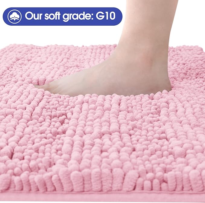 ACCUMTEK Christmas Striped Pink Bathroom Rug Set 3 Pieces Ultra Soft, Non Slip Chenille Toilet Mat, Absorbent Plush Shaggy Bath Mats for Bathroom, Bedroom, Kitchen