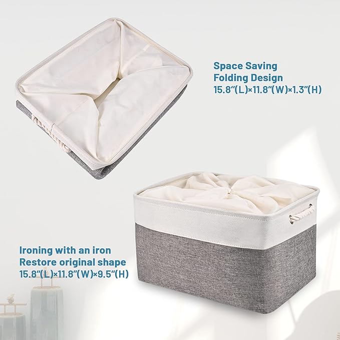 HOdo Home 15.8×11.8×9.5 In/3PCS Storage Bins, Fabric Bin with Drawstring Closure and 2 Bold Handles, Collapsible Large Canvas Baskets for Organizing Shelf Nursery Home Closet (White and Grey)