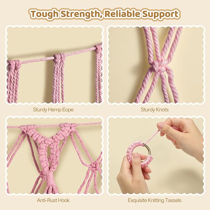 Yecaye 60 IN Stuffed Animal Net Hammock Large, Hanging Stuffed Animal Storage with Handmade Macrame Tassels, Net for Stuffed Animals Corner Large for Nursery Living Room Wall Decoration, Fairy Pink