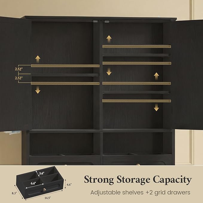 Over The Toilet Storage Cabinet with Free-Standing Cabinet & Towel Holder, Bathroom Storage Cabinet with 4 Section Drawers, Adjustable Shelves & Paper Holder for Bathroom, Laundry Room, Black