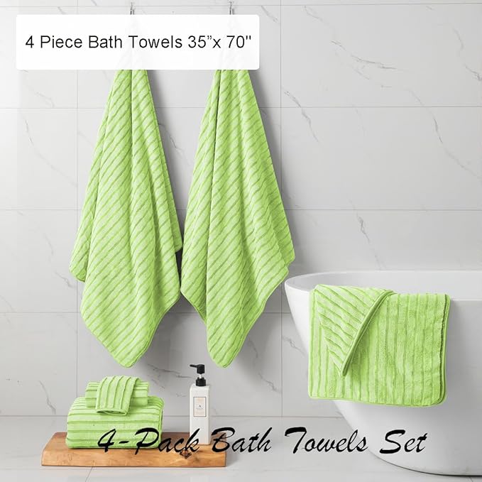 4 Pcs Grass Green Cabana Stripe Large Bath Towels 35"x70" Oversized Bath Sheet Soft Breathable Jumbo Bathroom Towels Highly Absorbent Shower Towel Quick Dry Beach Chair Towel Spa Gym Hotel Towel Set