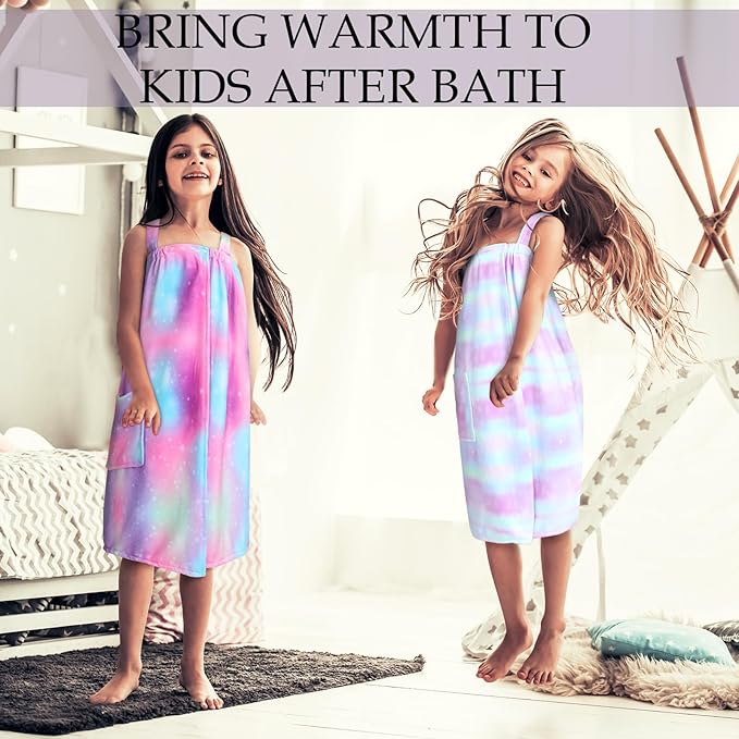 2 Sets Girls Towel Wrap Hair Towel Wrap for Kids with Soft Bath Body Dress Cute Adjustable Bathrobe with Turbans for 3.9-4.9 ft Kids Girls Wet Hair Rapid Drying(Rainbow Style)