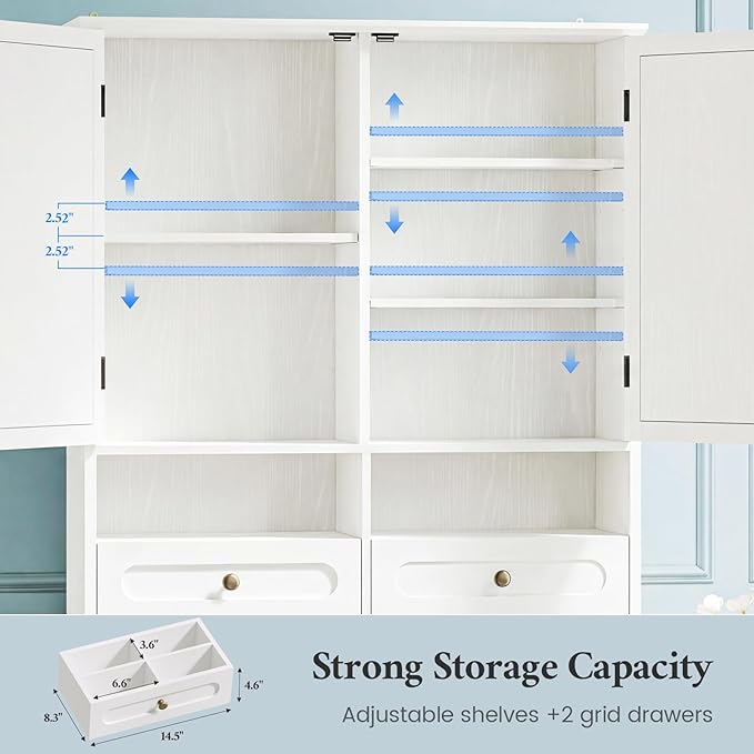 Over The Toilet Storage Cabinet with Free-Standing Cabinet & Towel Holder, Bathroom Storage Cabinet with 4 Section Drawers, Adjustable Shelves & Paper Holder for Bathroom, Laundry Room, White