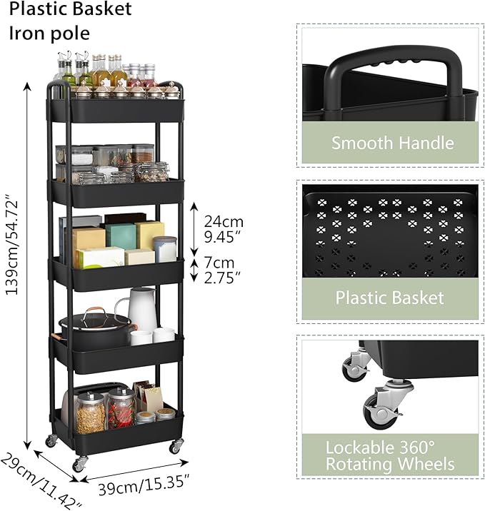 Sywhitta 5-Tier Plastic Rolling Utility Cart with Handle, Multi-Functional Storage Trolley for Office, Living Room, Kitchen, Movable Storage Organizer with Wheels, Black