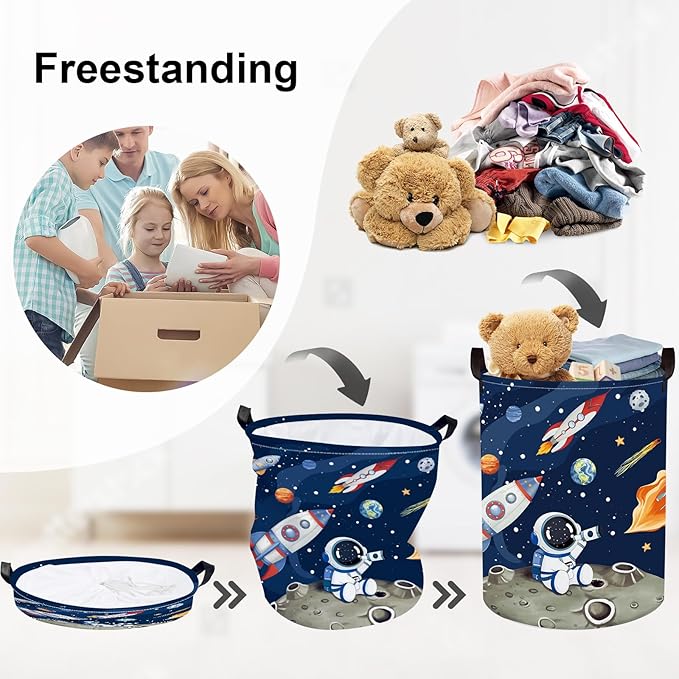 Space Rockets Laundry Hamper Cartoon Astronaut Large Storage Basket Planet Collapsible Parents Organizer Boys Clothes Toy Bins for Bedroom, Bathroom, Blue, 63L