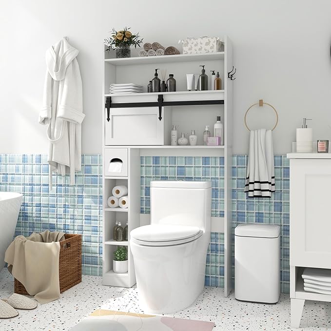 Tangkula Over The Toilet Storage Cabinet, Farmhouse Freestanding Above Toilet Rack w/Sliding Barn Door, Adjustable Shelves, Toilet Paper Holder, 2 Hooks, Bathroom Space Saver (Retro, White)