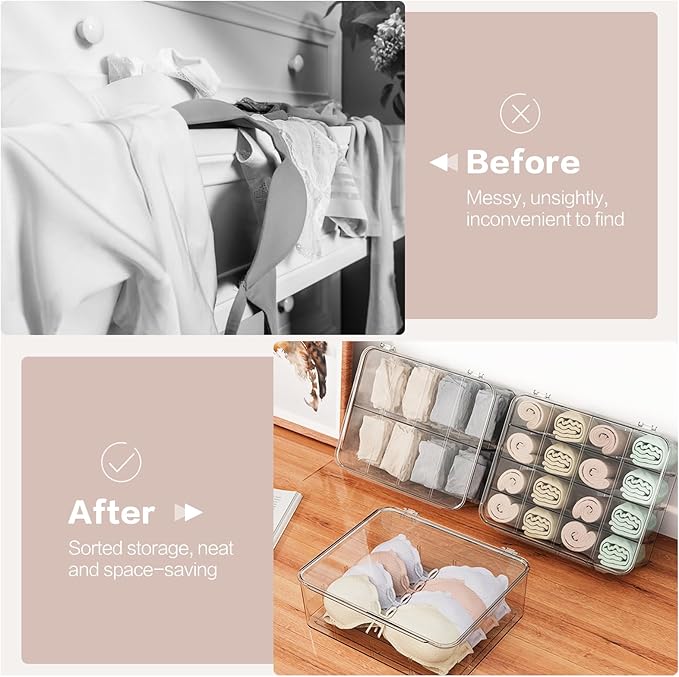 DILIBRA Socks Underwear Drawer Organizer for Closet, 16 Compartment Removable Divided Plastic Clear Sock Storage Box with Lid, Underwear Organizer Storage Container for Bra Socks Ties Scarf
