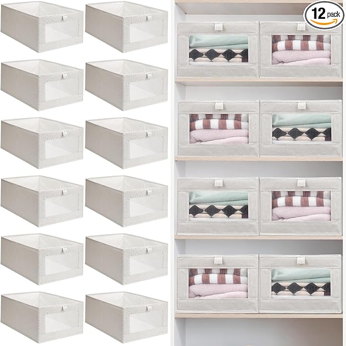 Kigley 12 Pcs Linen Closet Organizers and Storage Foldable Clothing Bins Large Foldable Box with Window Storage Baskets for Closet Shelf Clothes Jeans Toys Organization, Beige