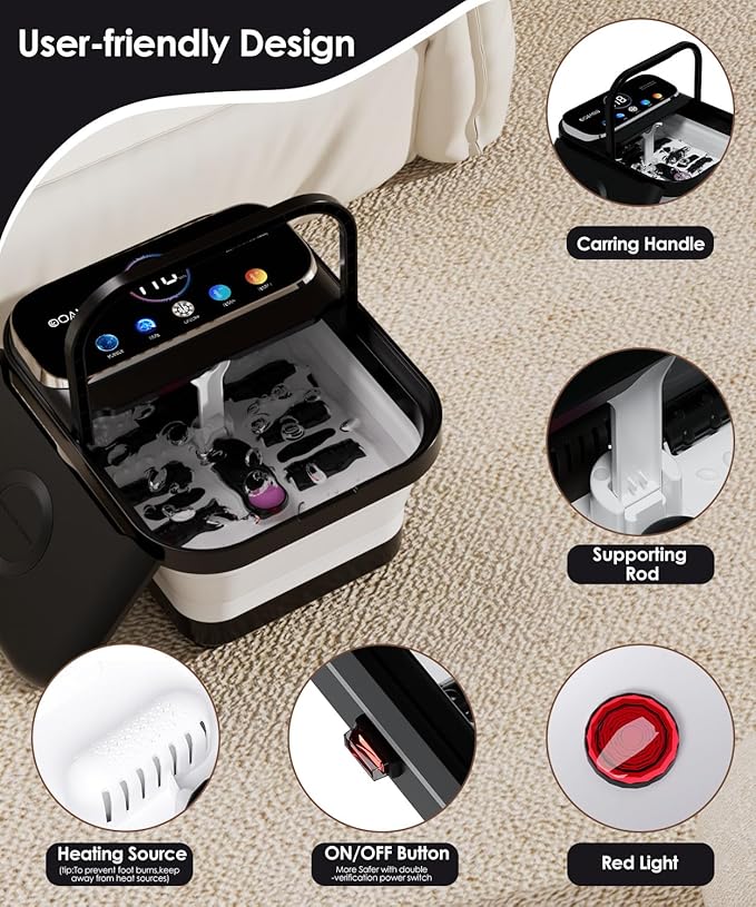 Collapsible Foot Spa with Heat, Bubble,Temp Control,Remote Control, Color Touch Screen Foot Bath Massager with 6 Massage Rollers,Foot Soaking Tub (Black+Green)