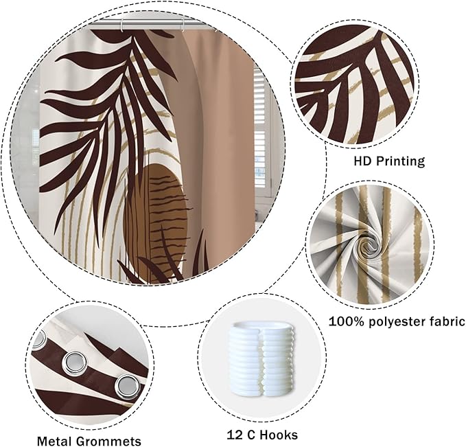 Abstract Mid Century Boho Bathroom Shower Curtain Eucalyptus Leaves Brown and Beige Sun Shower Curtain with Hooks, 36x72 Inch Waterproof Fabric Polyester
