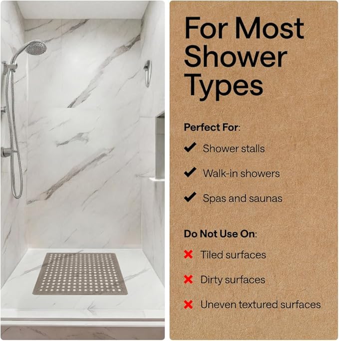 GORILLA GRIP Patented Square Shower Stall Mat, Small Bathtub Floor Mats for Stand Up Showers, Suction Cups and Drainage Holes, Machine Wash, Soft on Feet, Bathroom Accessories 21x21 Inch, Beige Opaque