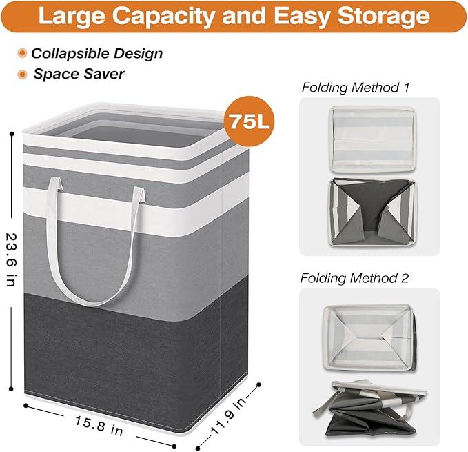 TINGHONG 1-Pack Large Collapsible Laundry Baskets - 75L Freestanding Waterproof Hampers with Reinforced Handles for Clothes, Toys, and More - Ideal for Dorms and Family Use (Gradient Grey)