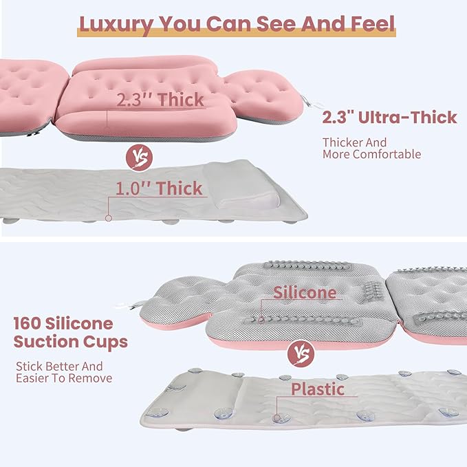 Luxury Bath Cushion, Full Body Bathtub Pillow with 160 Suction Cups, Bath Mat for Head and Neck Support, with Laundry Bag (Light Pink, 51" x 16")