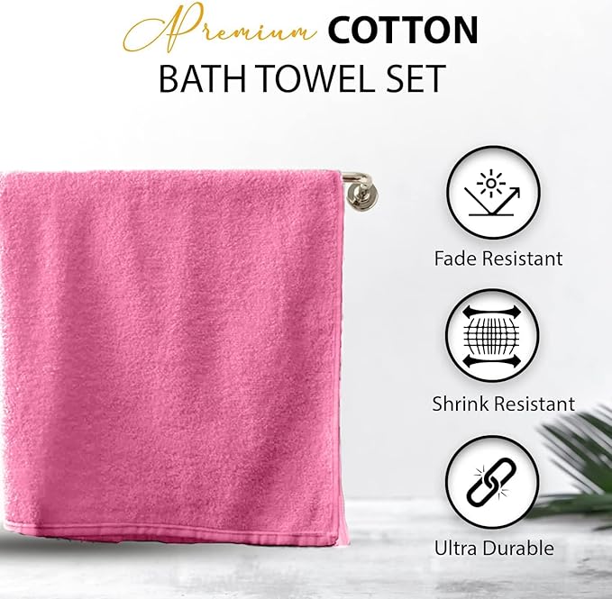 100% Cotton Bath Towels, 24x48 Pack of 6 Towels, Quick Dry, Highly Absorbent, Soft Feel Towel, Gym, Spa, Bathroom, Shower, Pool, Luxury Soft Towels (Pink, 24x48-6 Pack)