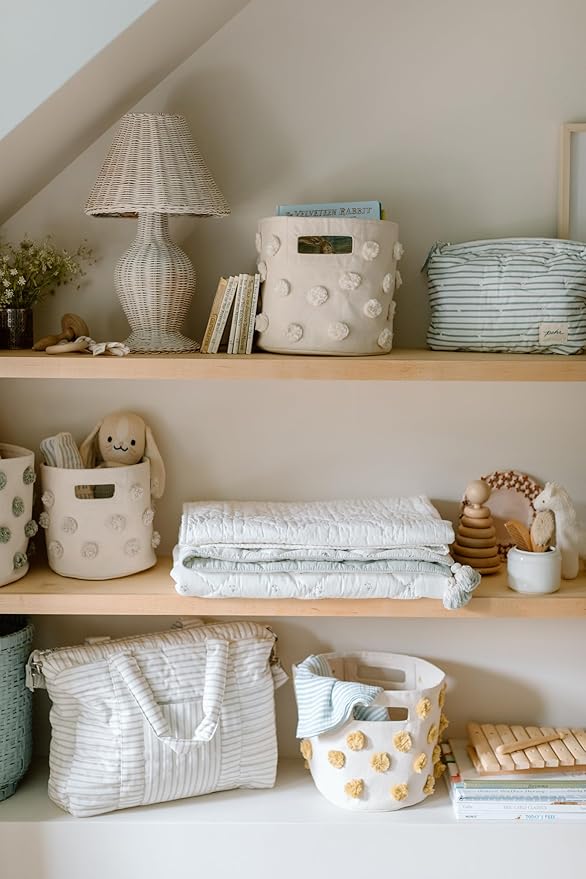 Pehr Pom Pom Basket, Pint (Natural) | 100% Cotton Canvas Storage for Nursery, Playroom & Home | Decorative Organizer | 10”D x 9”H