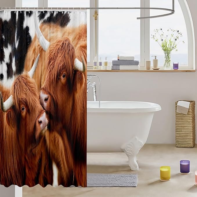 Highland Cattle Couple Shower Curtains,Cow Fur Bathroom Curtains for Kids Teens Adult,Farmhouse Animals Cowhide Waterproof Bath Curtains,with 12 Hooks Suits for Bathtub, 72" W x 72" L,Brown Rustic