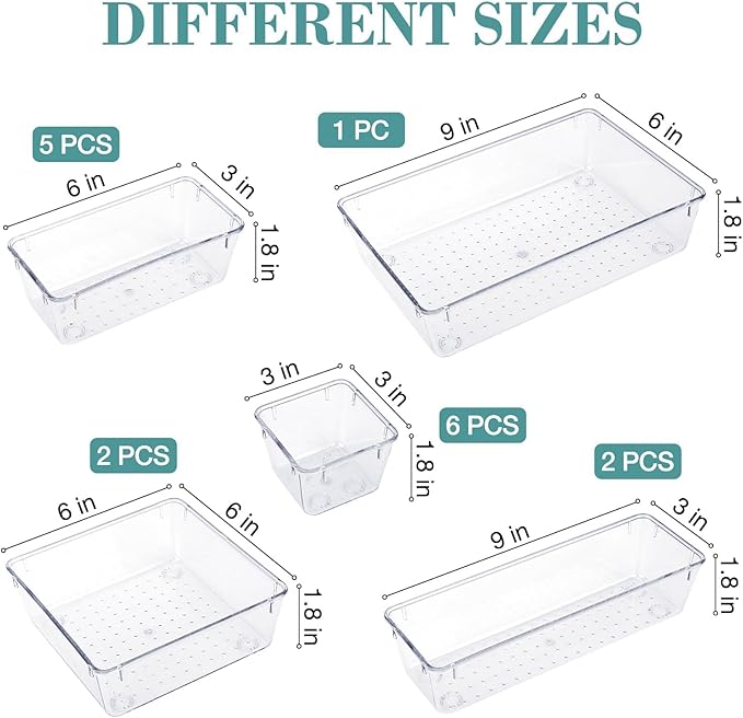 16 PCS Drawer Organizer Set, 5 Varied Size Bathroom and kitchen Drawer cabinet organizer Trays, Clear Storage Bins for Makeup, Jewelry, Utensils and Gadgets